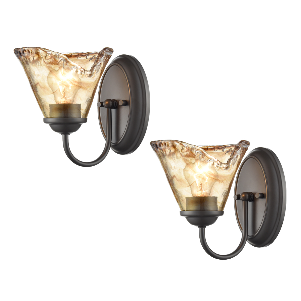 Rustic Finish Wall Sconce Vintage Vanity Light with Amber Glow Glass Shade Set of 2