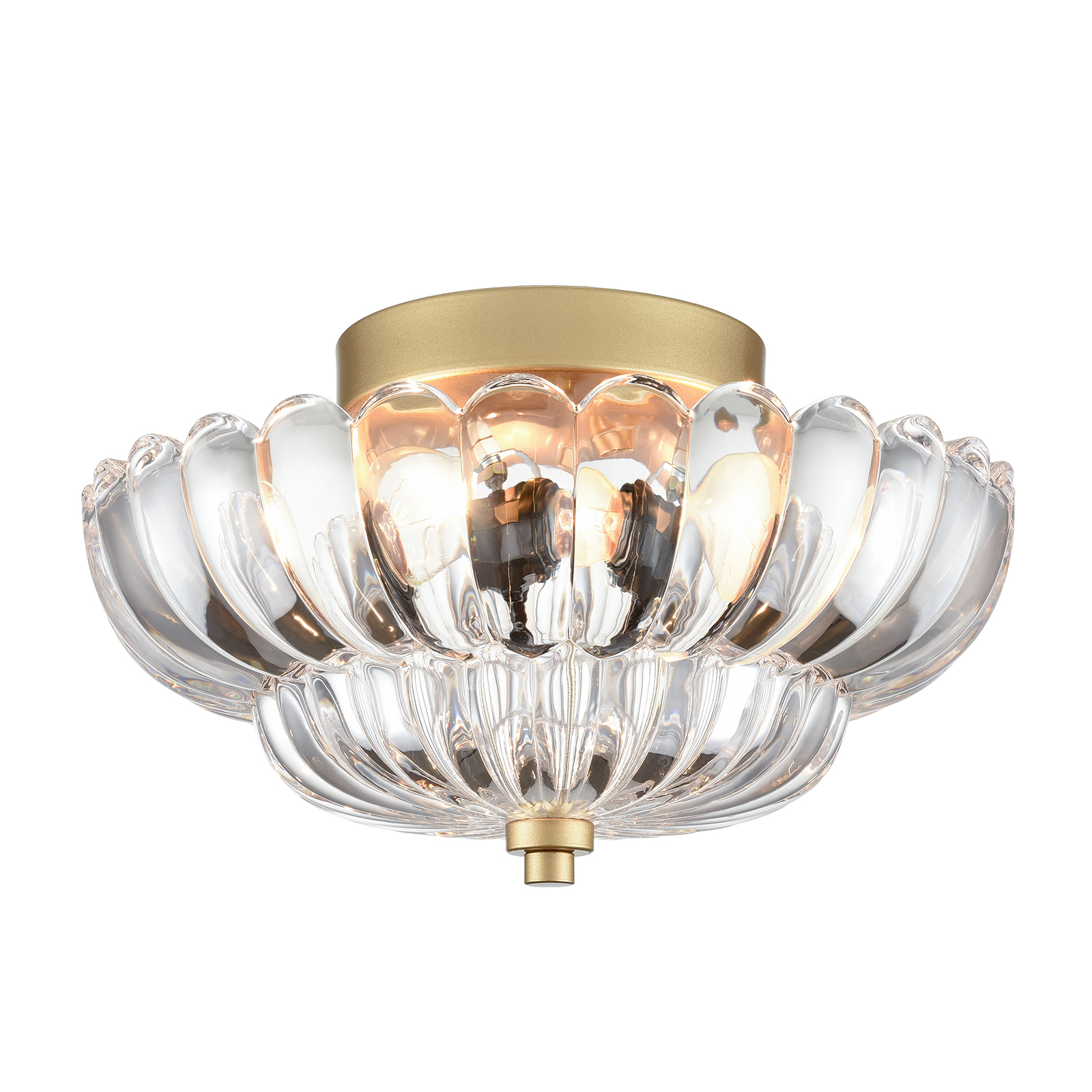 3-light Modern Gold Metal with Scalloped Clear Glass Semi Flush Mount Ceiling Light for Living Room