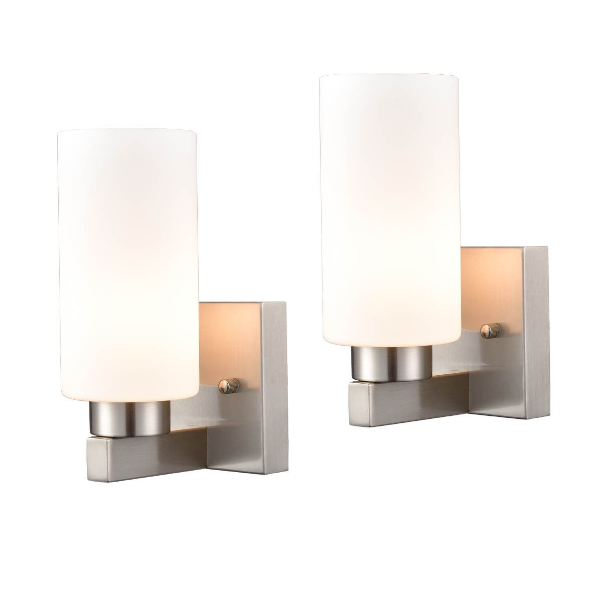 Wall Light Bathroom Modern Brushed Nickel Milky White Cylinder Glass Set of 2