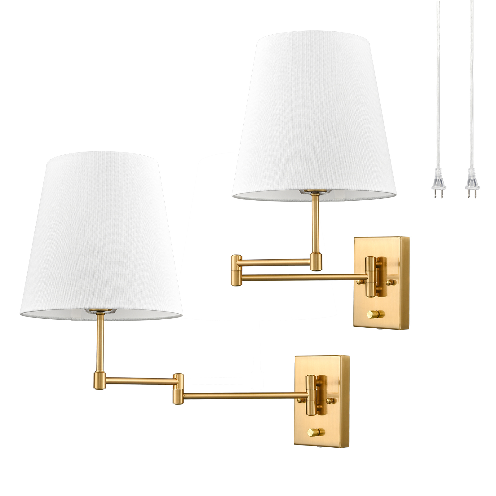 Brass Swing Arm Wall Sconces Plug in or Hardwired Wall Lights-2 Pack