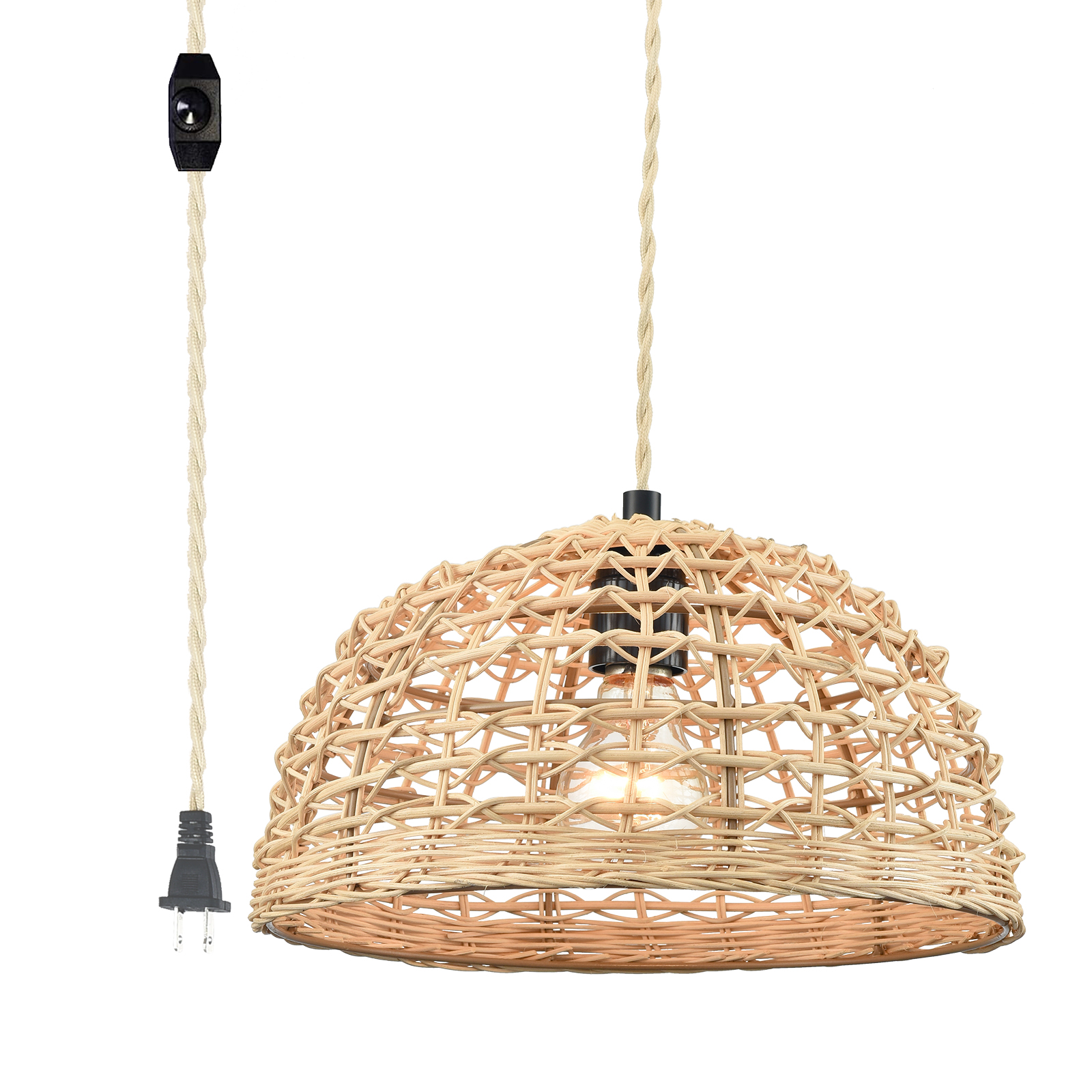 Dimmable Boho Plug in Pendant Light Rattan Hanging Light with Plug in Cord