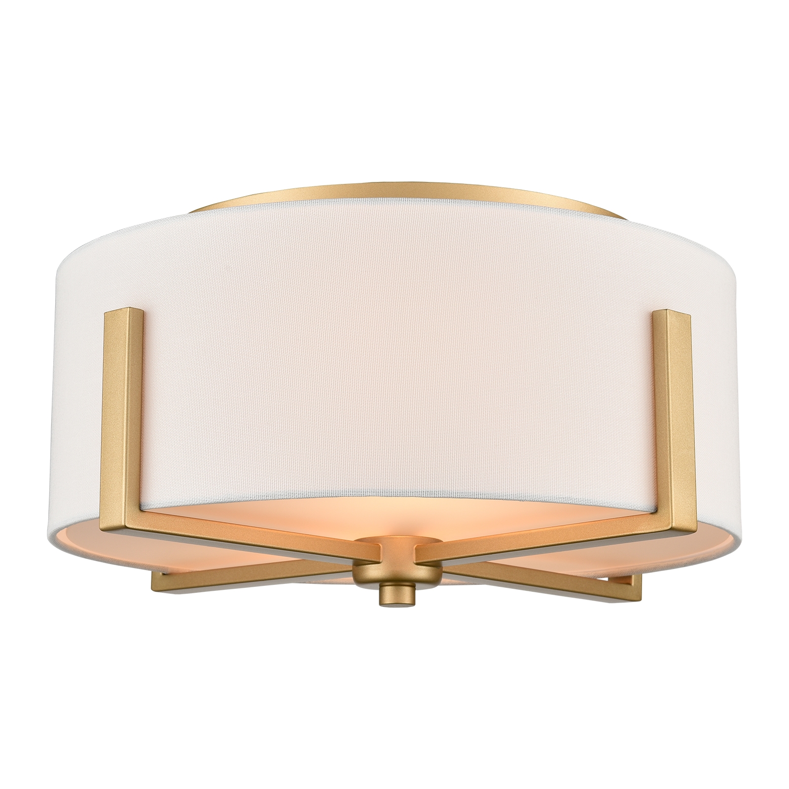 Gold Flush Mount Ceiling Light Drum White Fabric Shade 2- light