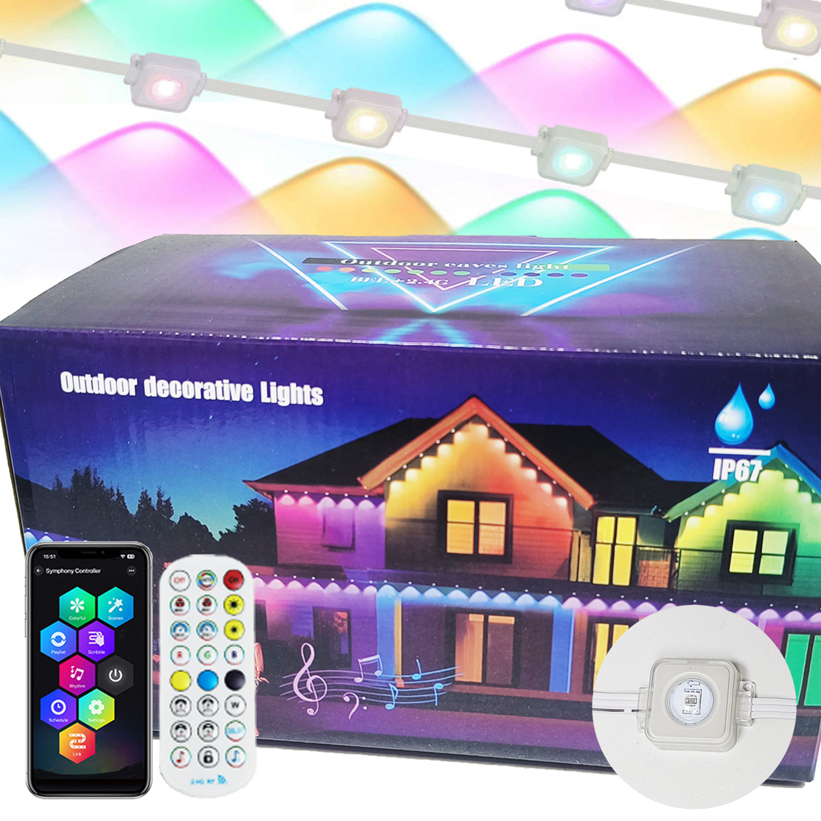 100ft Outdoor Eaves Lights IP67 Waterproof Permanent RGB Lights with Remote Control