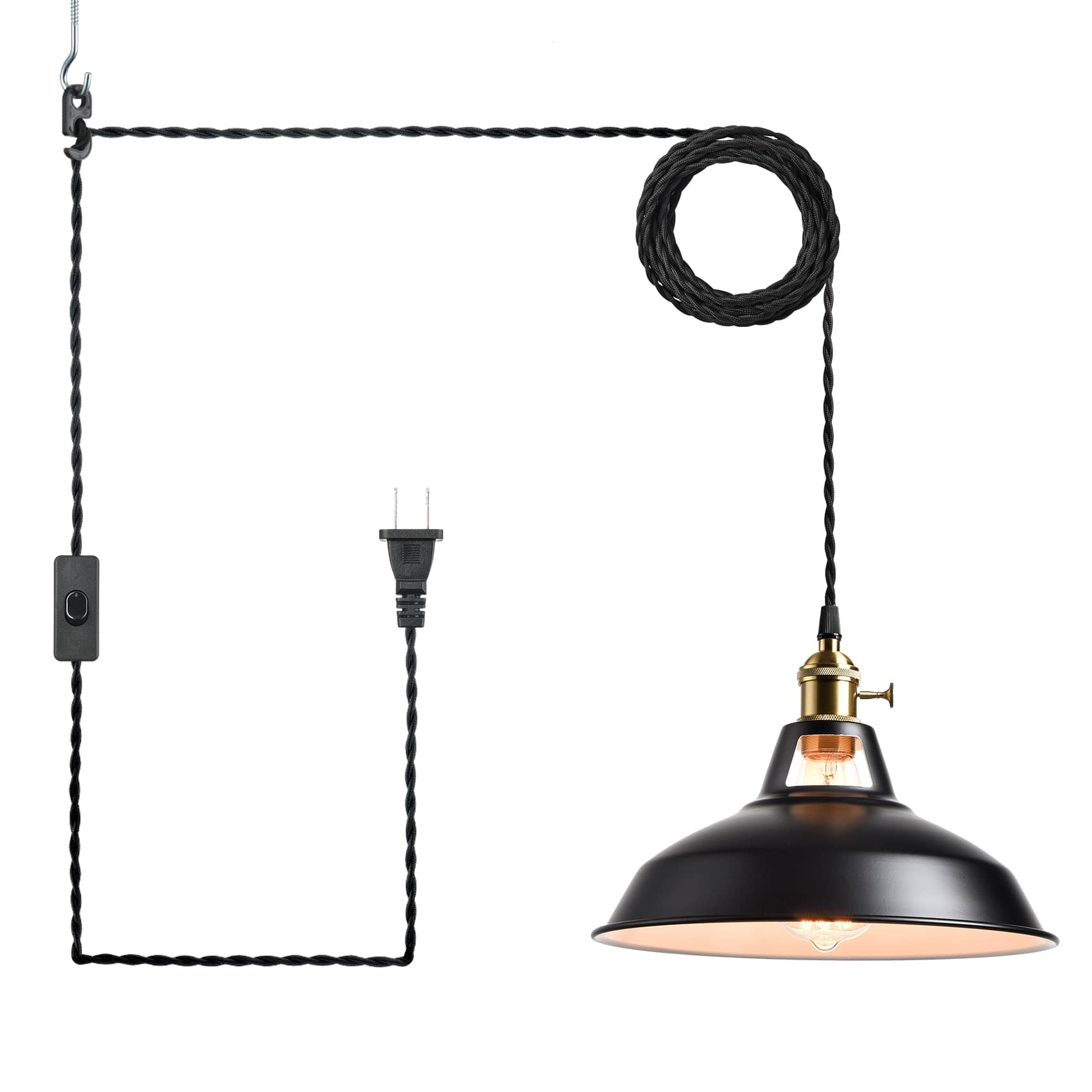 Industrial Plug-in Pendant Light Black Barn Shade Adjustable Height