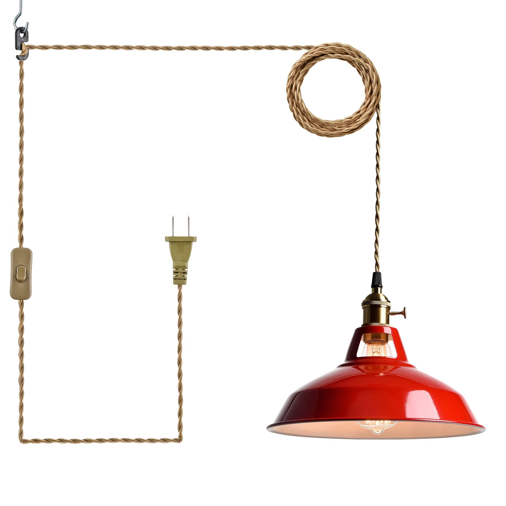 Vintage Red Plug-in Pendant Light Adjustable Hanging Height