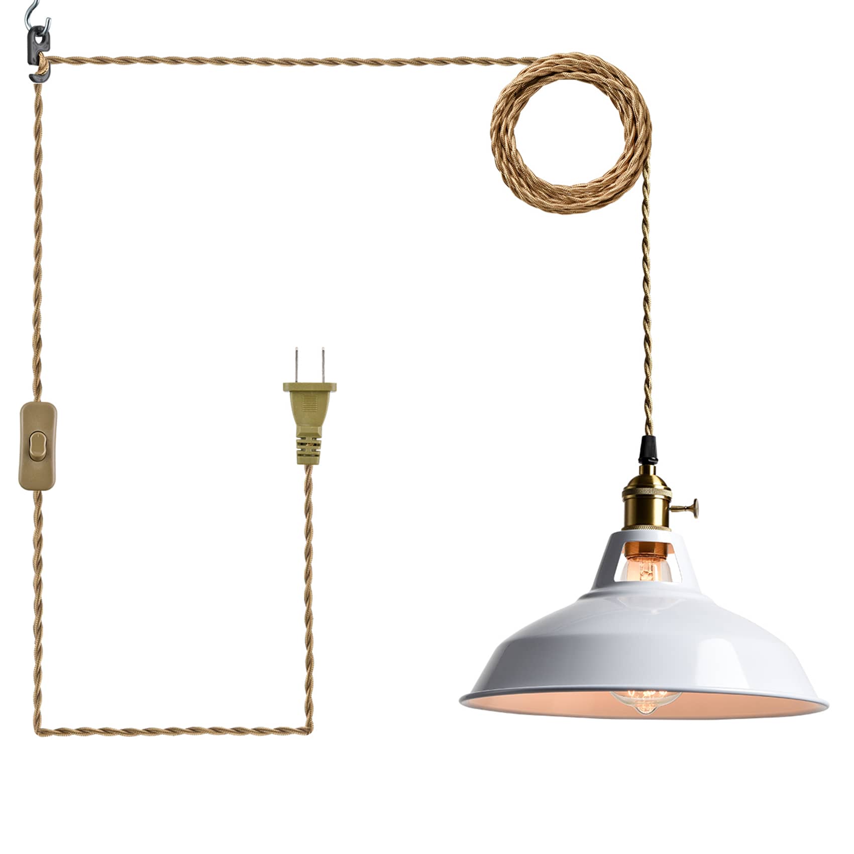 Industrial Plug-in Pendant Light White Barn Shade Adjustable Height