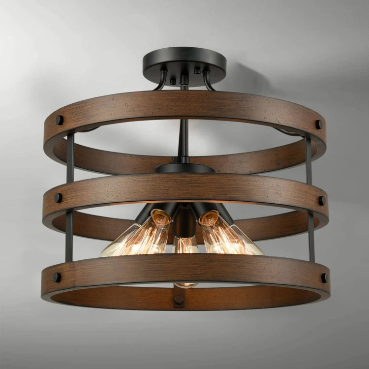 Circular Round Industrial Wood Flush Mount Ceiling Light | Claxy