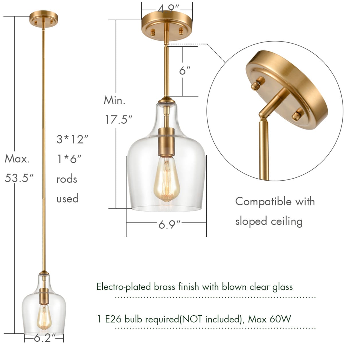 Glass Rod-Hung Kitchen Pendant Lighting Brushed Nickel