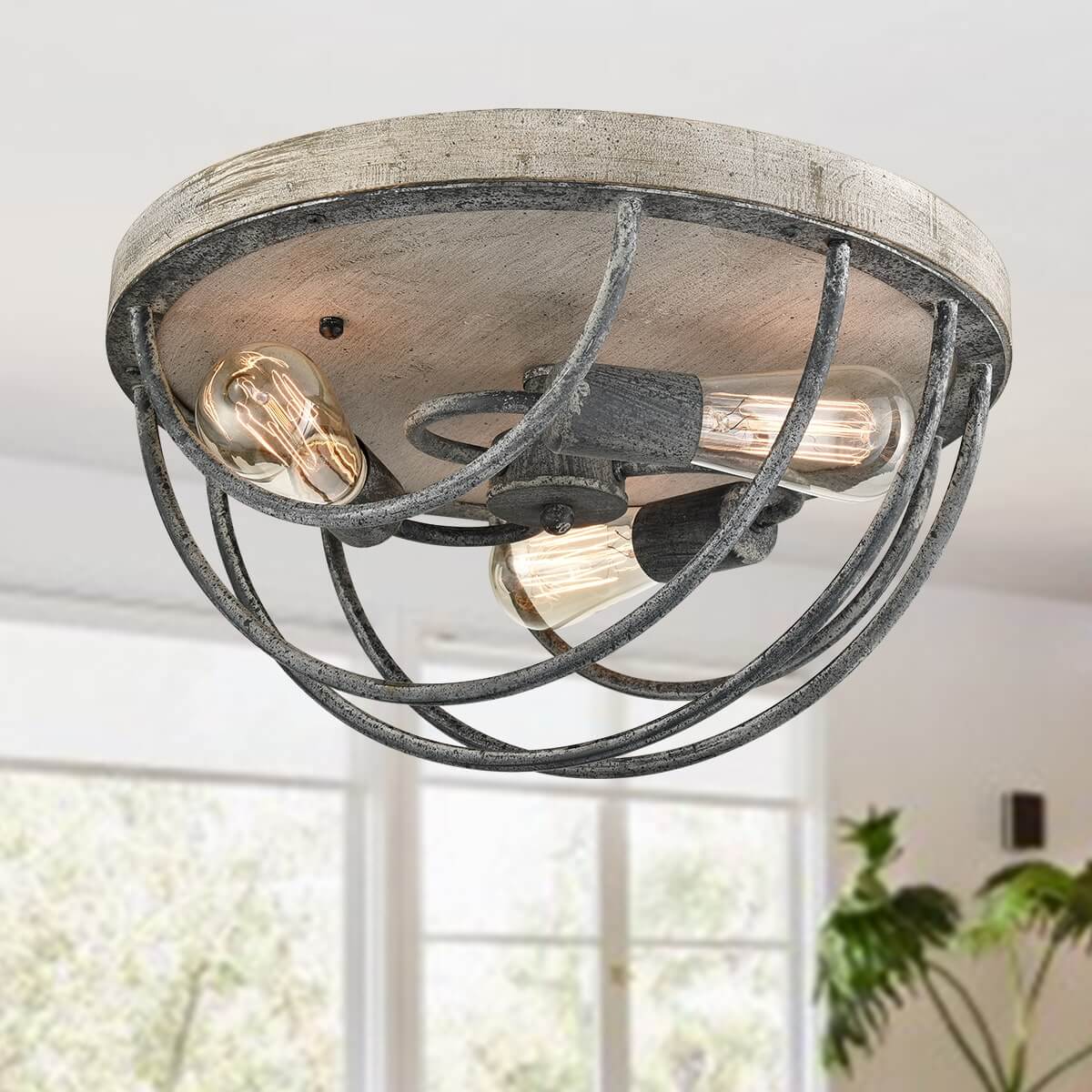 3 Light Vintage Flush Mount Ceiling Lights Distressed Wooden Gray