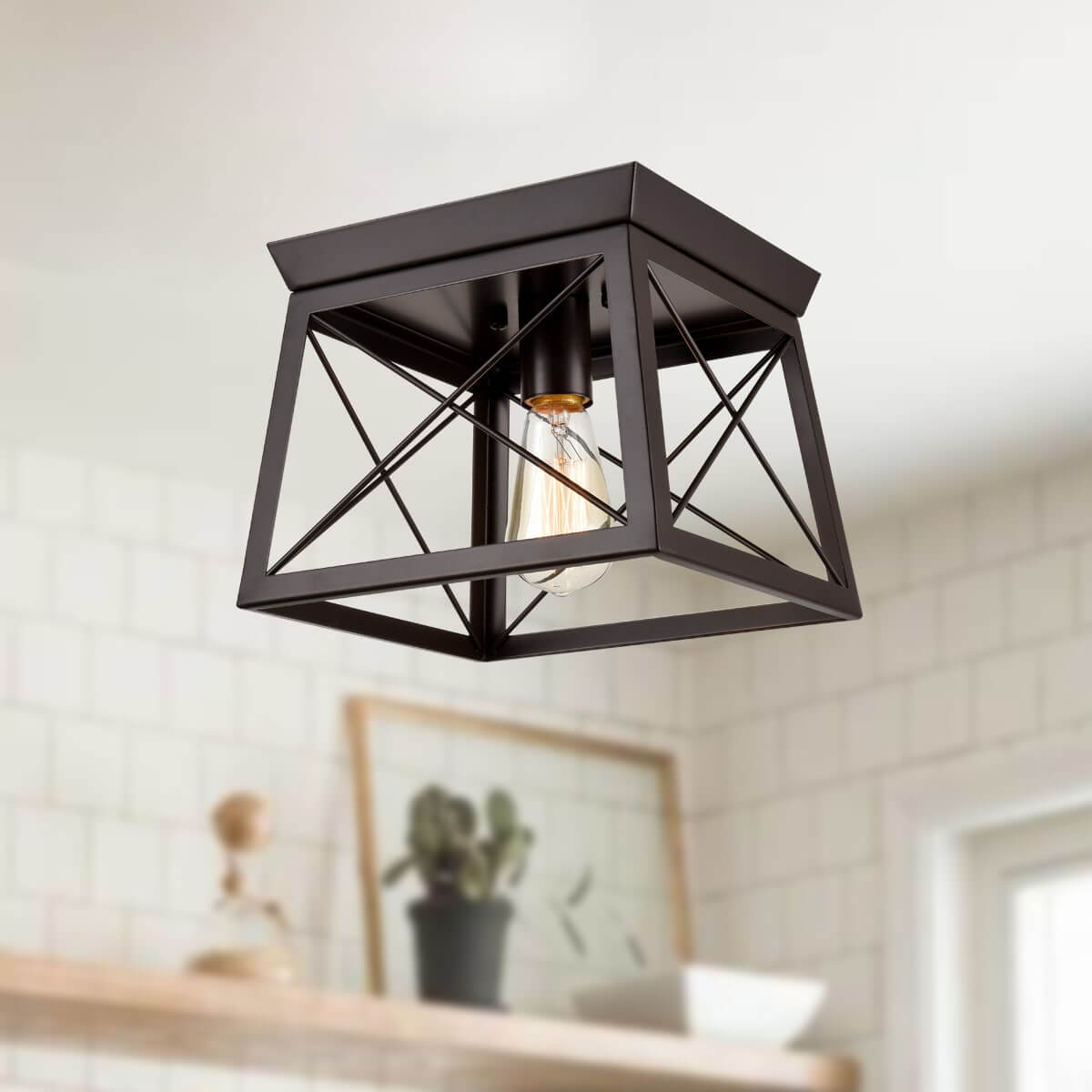 Metal Retro Industrial Oil Rubbed Bronze Retangle Flush Mount