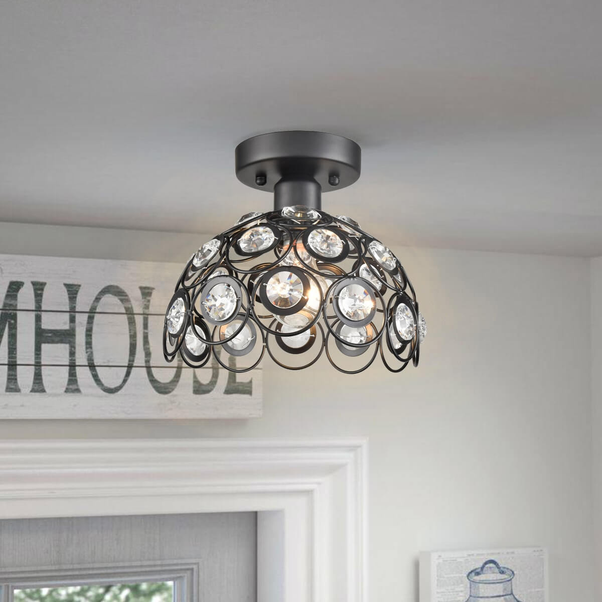 Mini Wire Framed Crystal Semi Flush Ceiling Light