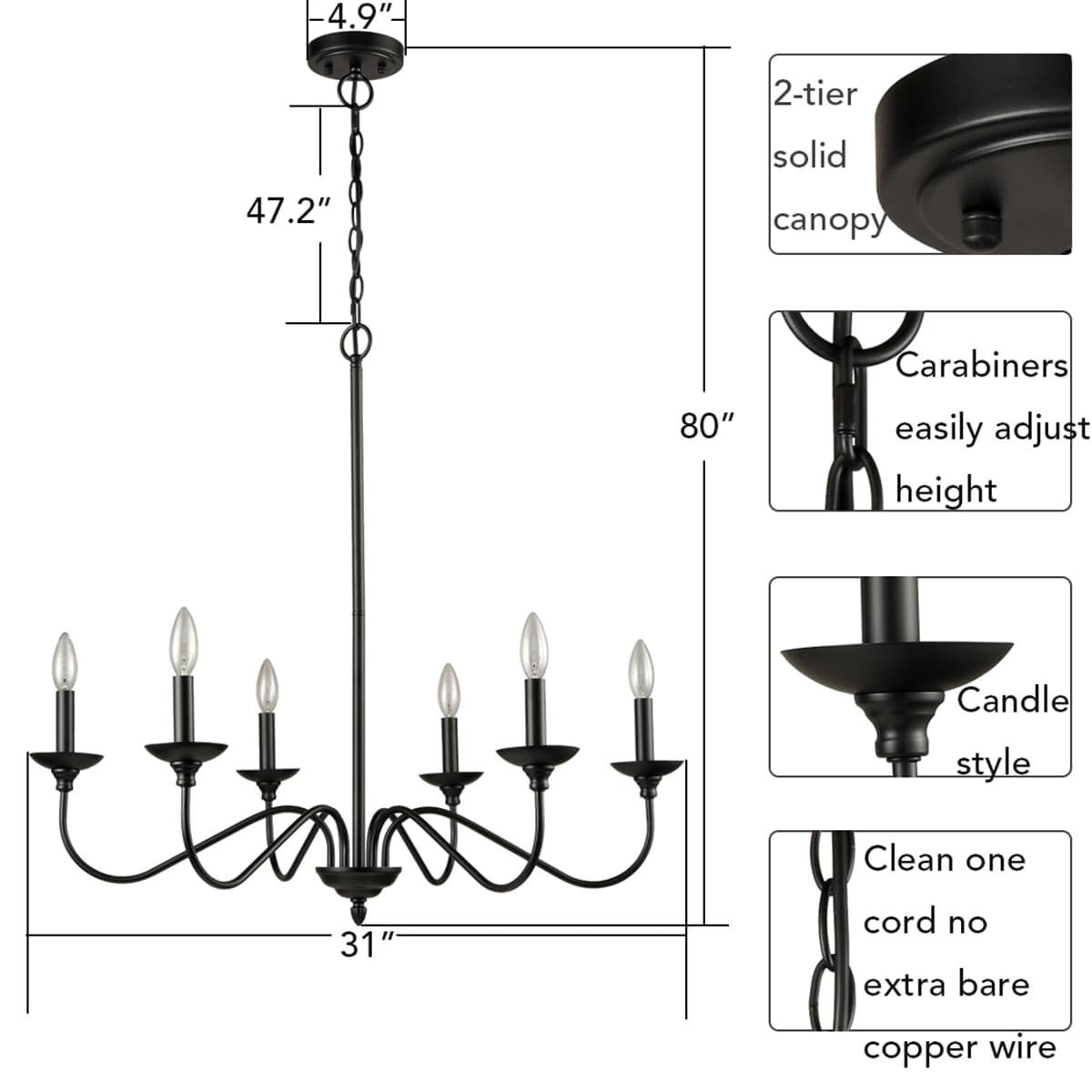 Black Farmhouse Candle style Chandelier - 6 Lights | Claxy