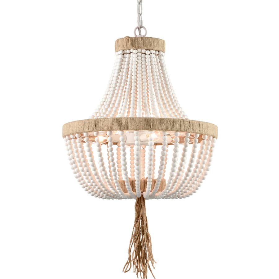 White Wood Beaded Farmhouse Large Dining Room Pendant Chandelier | Claxy